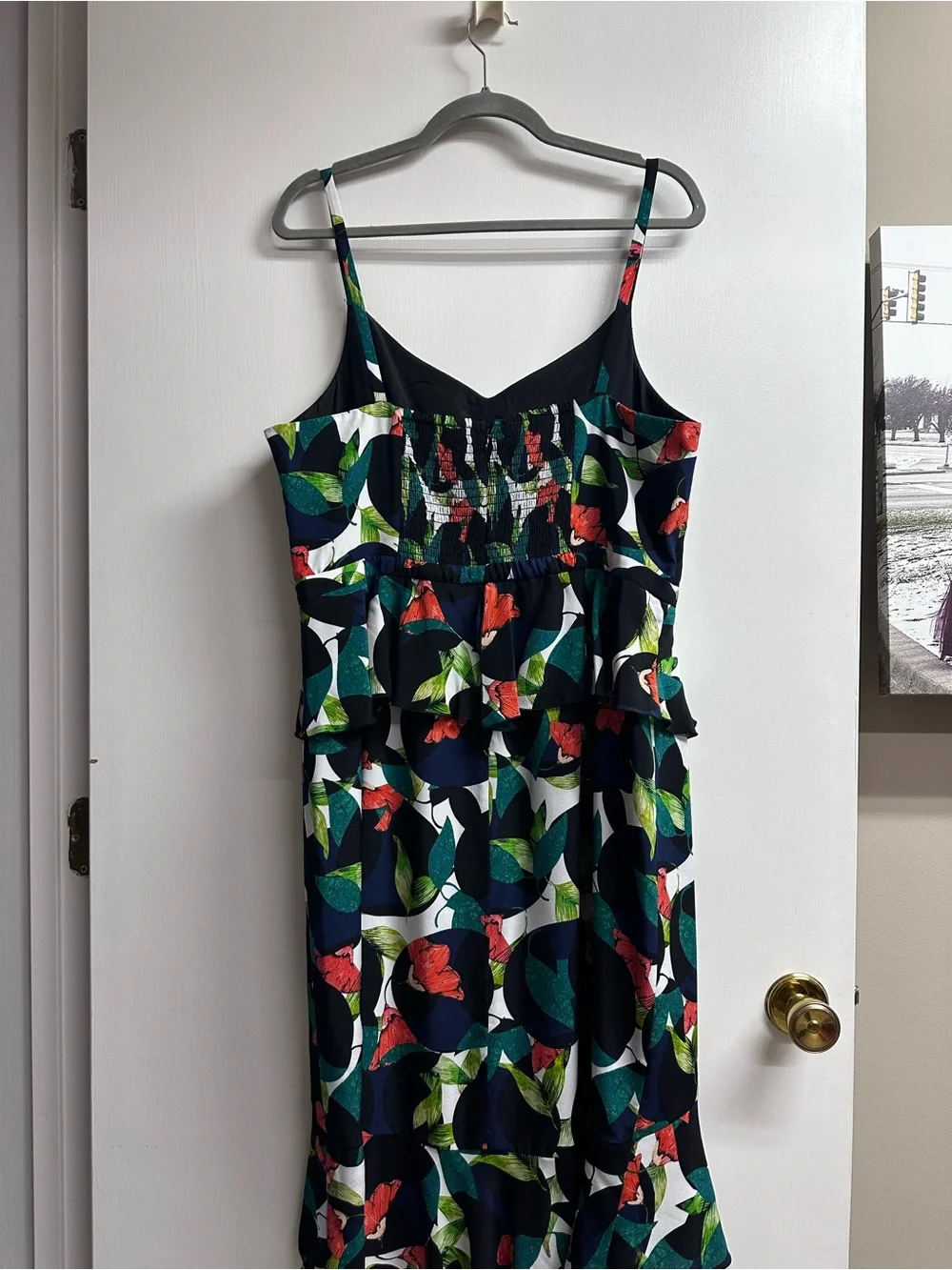 J. Crew Navy Floral Midi Dress with Red and Green Accents